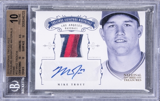 2012 National Treasures "Treasure Signature Materials" #52 Mike Trout Signed Game Used Patch Card (#2/5) – BGS PRISTINE 10/BGS 10